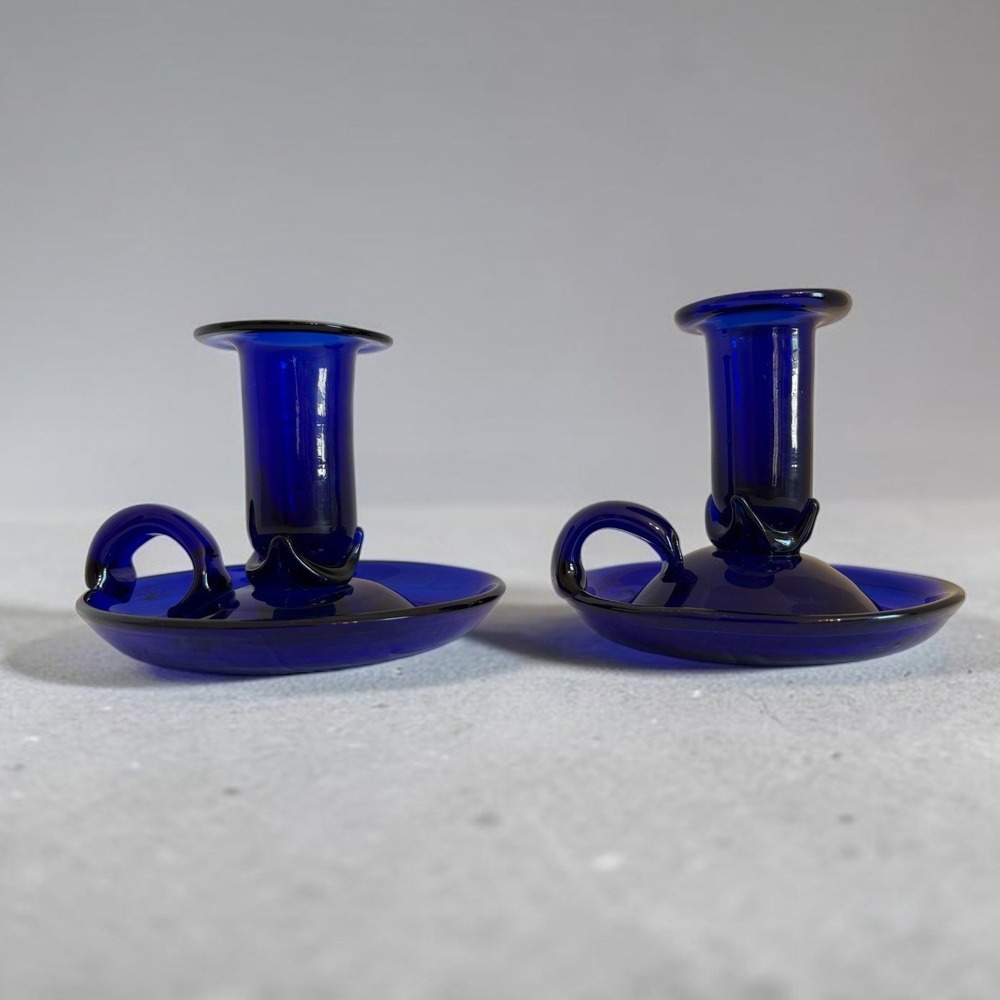 Vintage Cobalt Blue Hand Blown Glass Chamberstick Candle Holders Set of 2